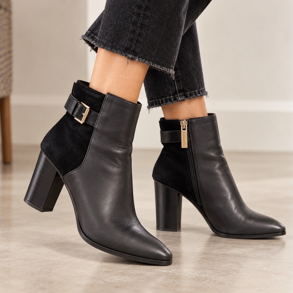 Louise et Cie Vasca Black Leather Suede Block Heel Ankle Boots 8.5 M Pointed Toe